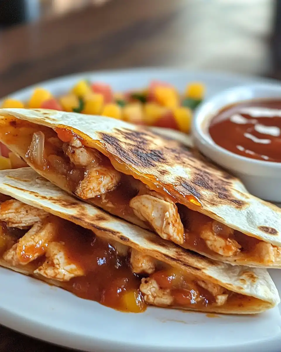 Hot Honey BBQ Chicken Quesadillas cooking in skillet