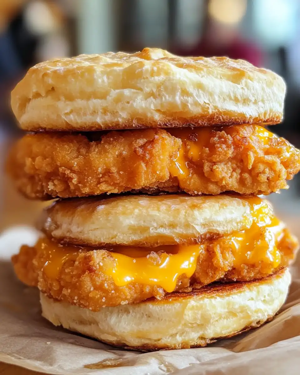 Close up of hot honey chicken biscuit showing crispy chicken and biscuit layers
