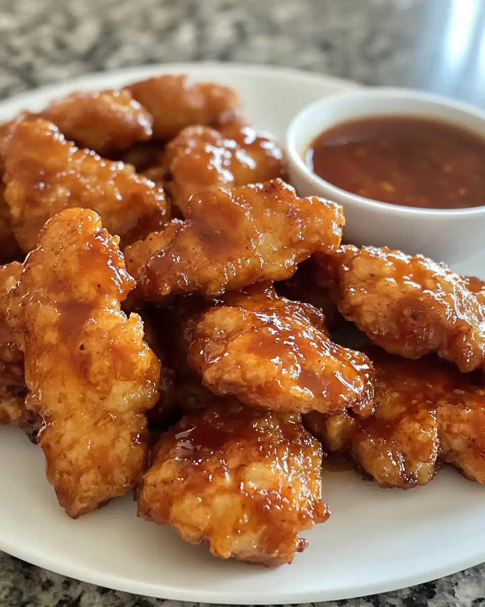Golden crispy hot honey chicken cutlets served on plate with herbs