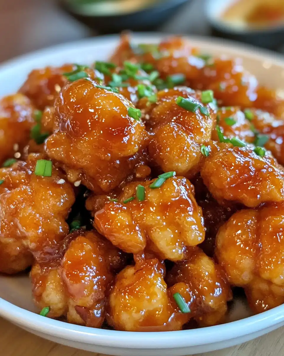 Plate of finished hot honey chicken served with sliced green onions