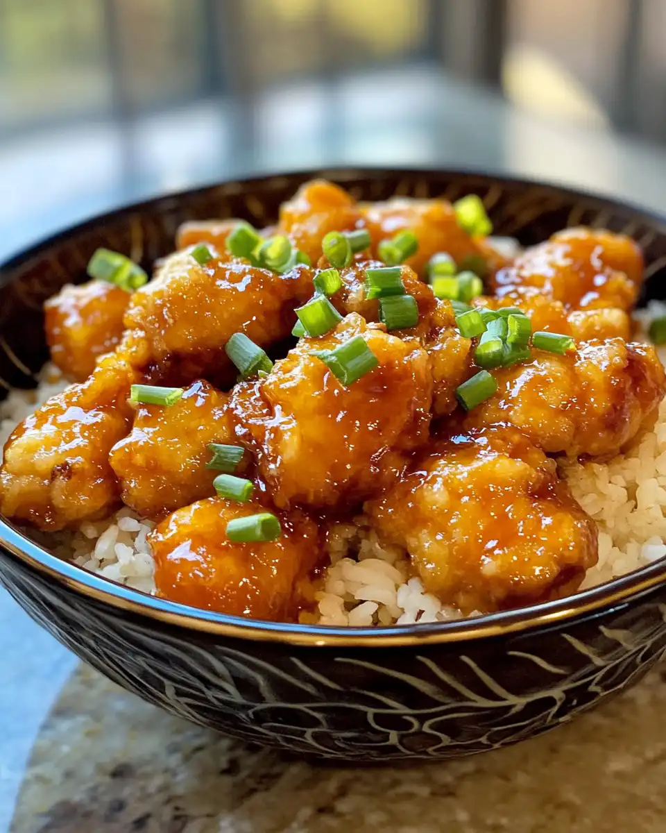 Served hot and spicy orange chicken garnished with green onions and orange zest