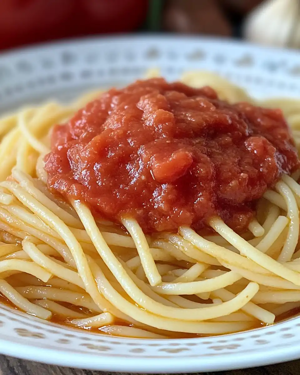 Serving of Italian spaghetti sauce over pasta garnished with parmesan
