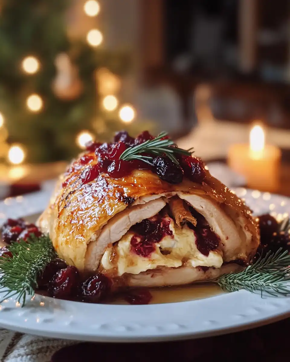 Golden crust and juicy inside of cranberry brie stuffed chicken served on a plate