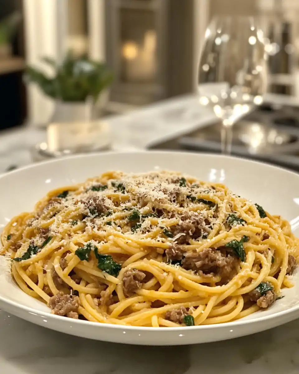 Serving of pressure cooker cooked spaghetti with garlic, parsley, and Parmesan cheese