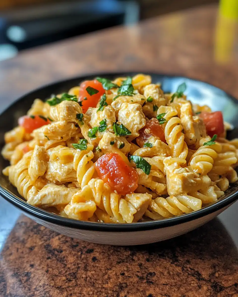 Close-up of the finished bruschetta chicken pasta served with fresh basil garnishing