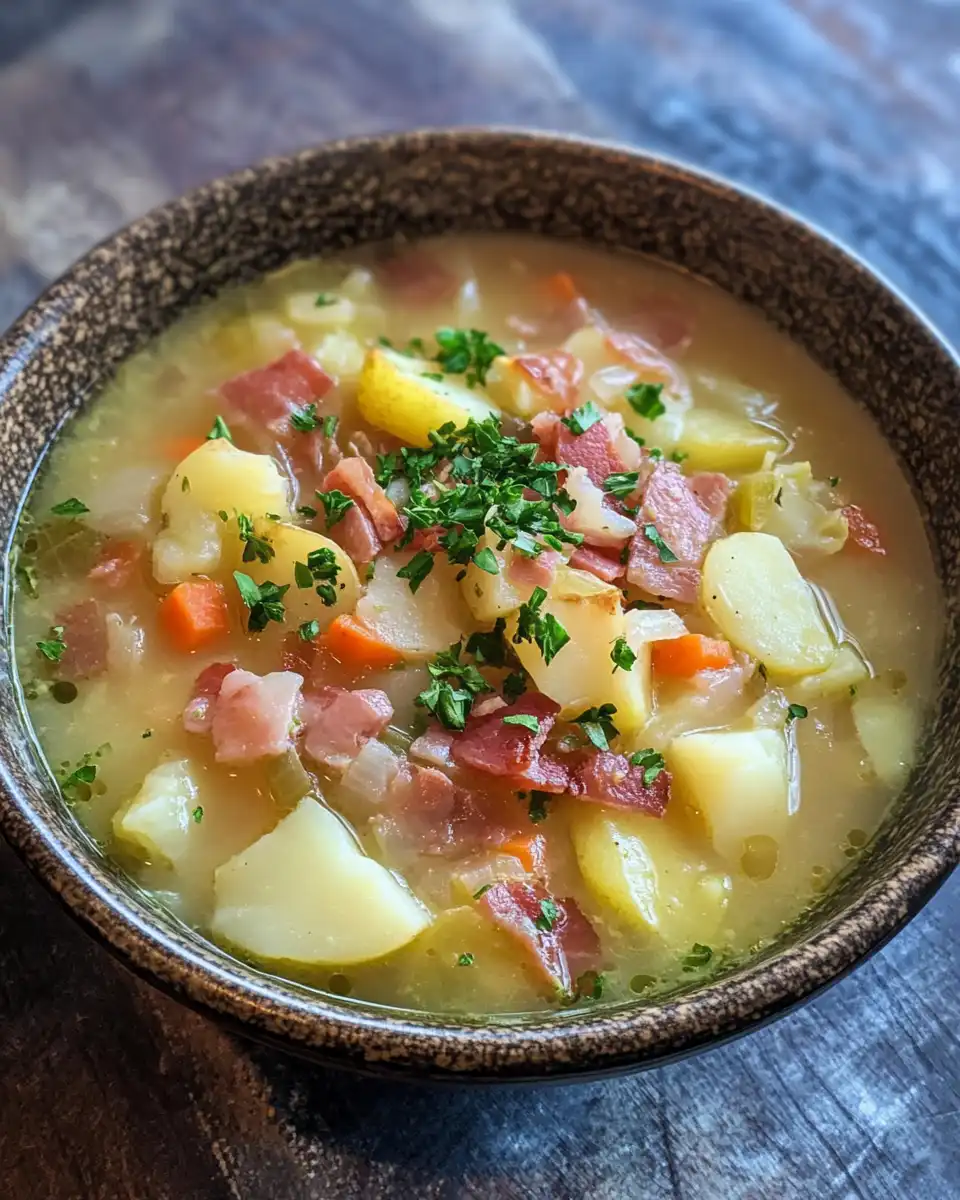 Bowl of Irish bacon cabbage and potato soup ready to serve
