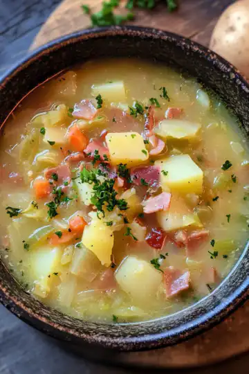 Irish Bacon Cabbage And Potato Soup taken with iphone 15 pro max --iw 2 --ar 4:5 --v 6.1 --raw