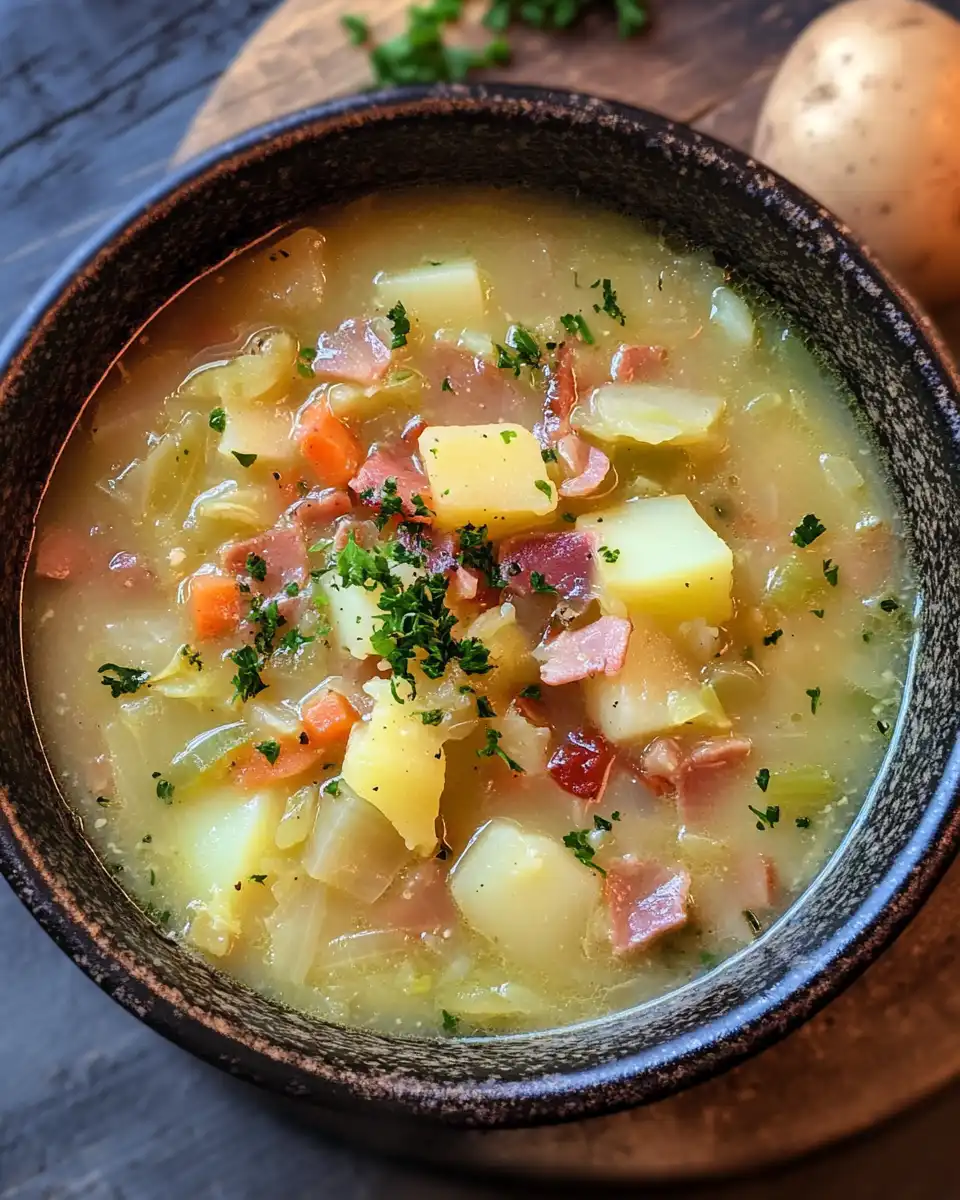Steaming Irish bacon cabbage and potato soup in pressure cooker