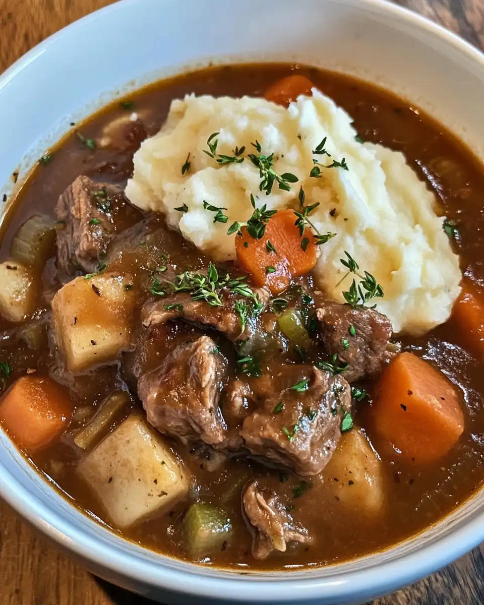 Finished Irish beef stew on mashed potatoes served hot
