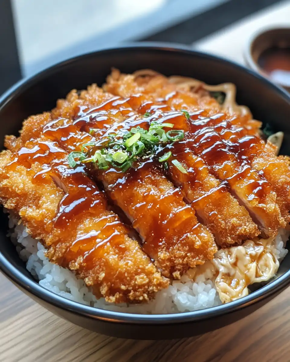 Finished Japanese katsu bowls garnished with fresh parsley and tonkatsu sauce