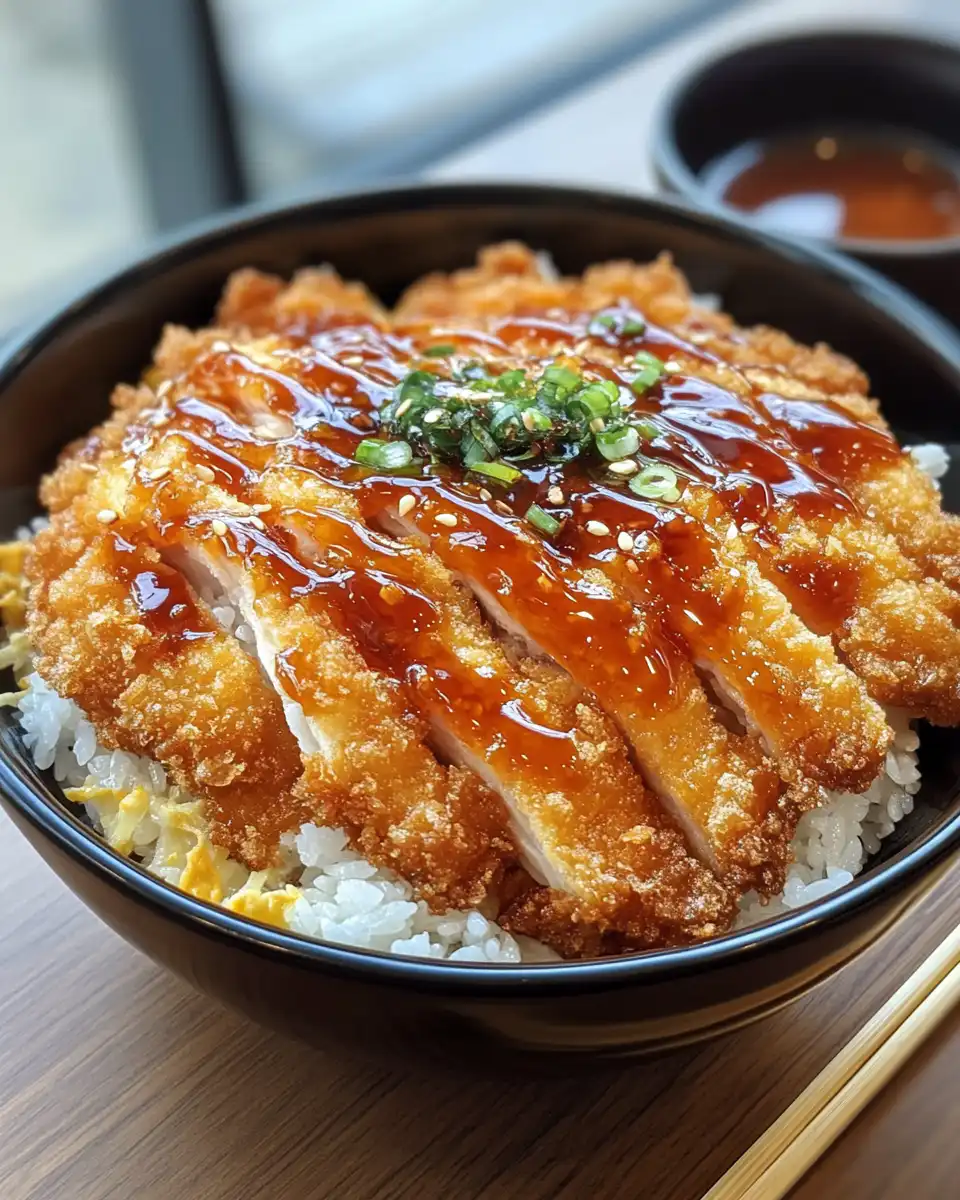 Japanese katsu bowls with tonkatsu sauce steaming and ready to serve