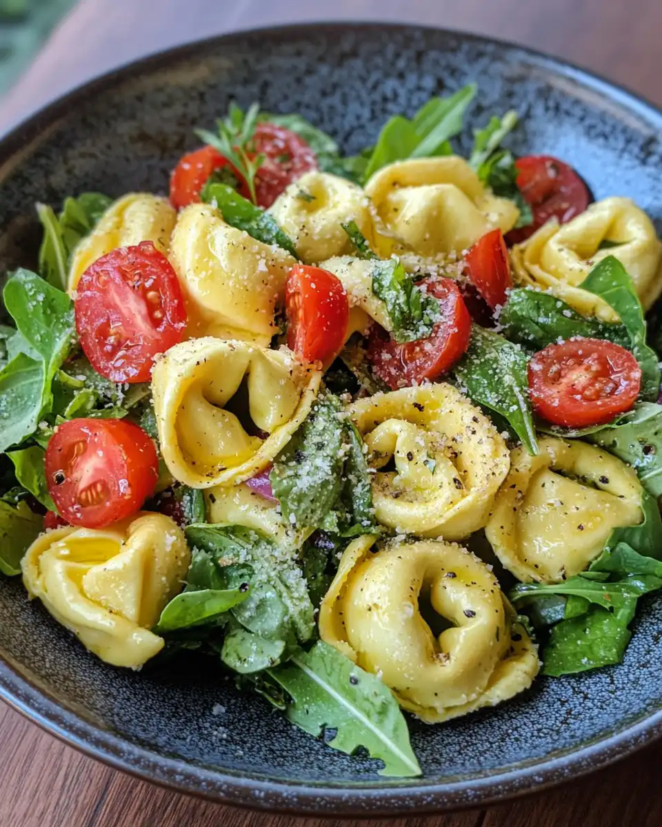 Serving bowl of Italian grinder tortellini salad ready to eat