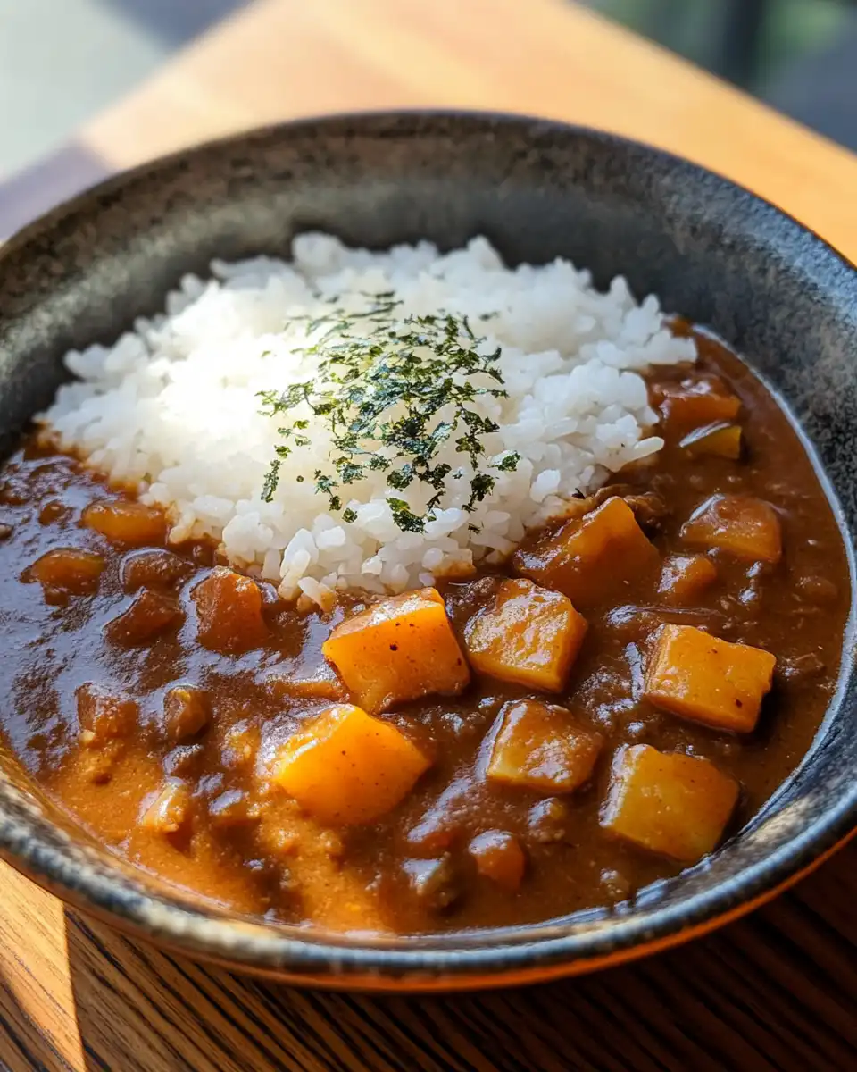 Serving bowl of Japanese chicken curry with vegetables and rice