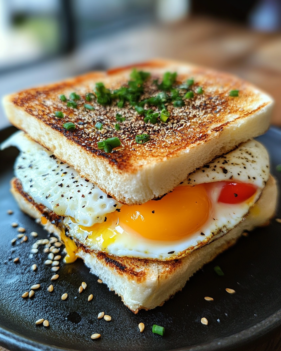 Close up of Japanese egg sandwich with creamy filling and soft bread