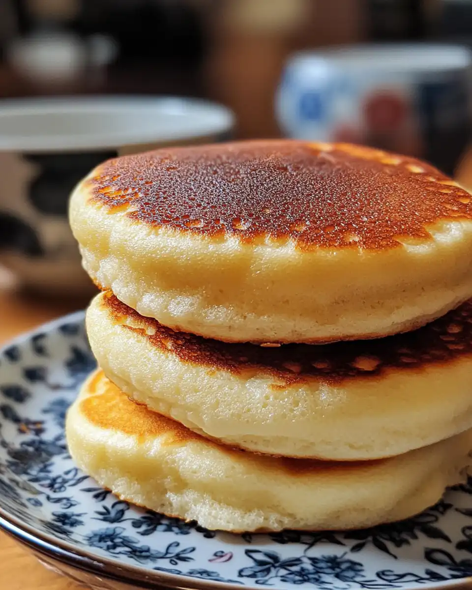 Close up of jiggly Japanese souffle pancakes being served warm