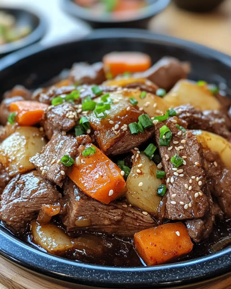 Korean style pot roast simmering in the pot with rich sauce