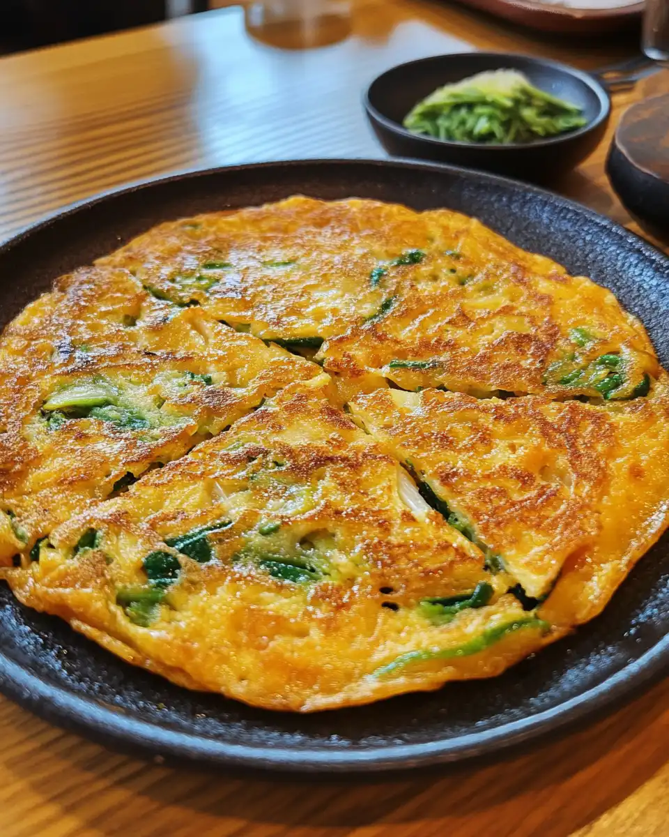 Finished Korean vegetable pancakes served with dipping sauce