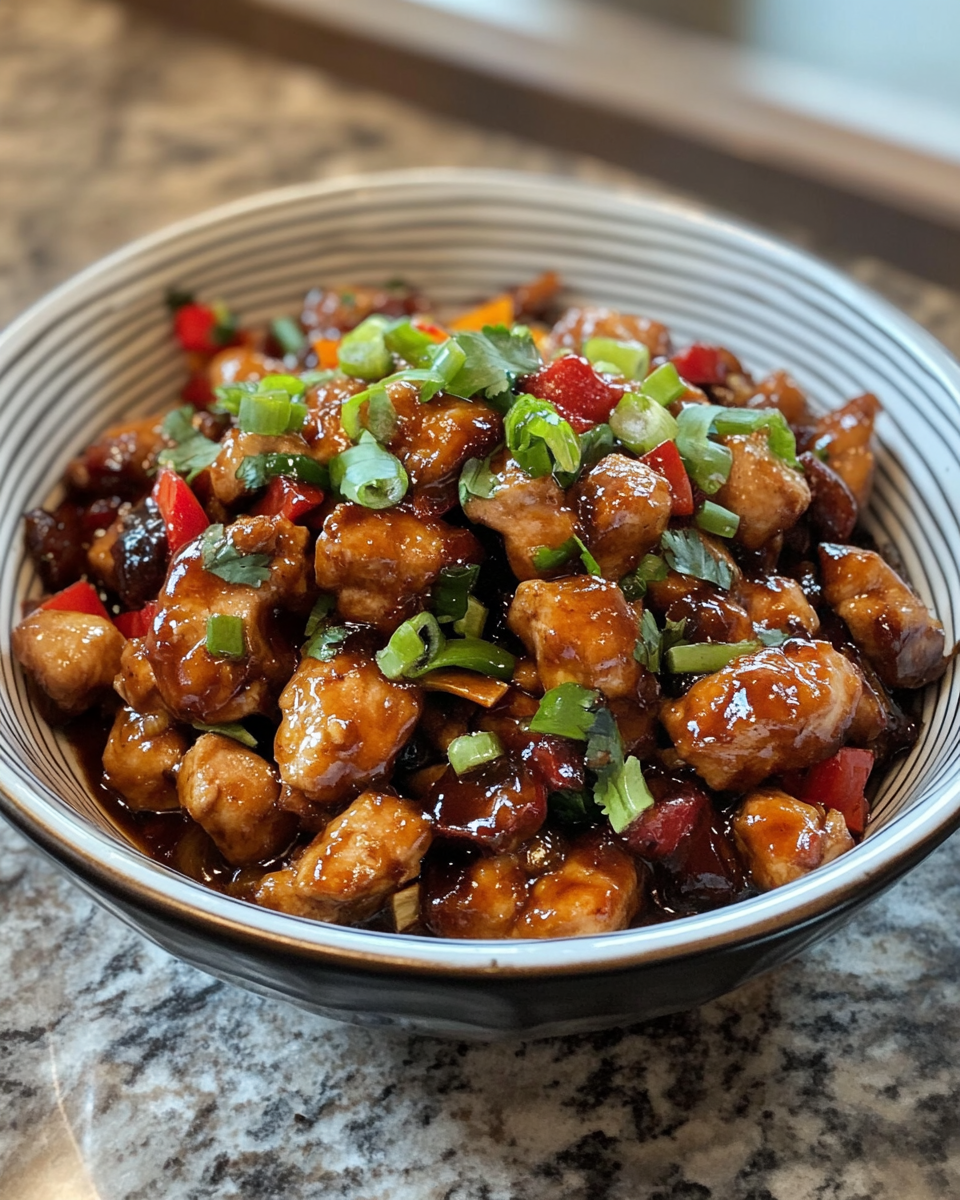 Glistening plated Kung Pao Chicken served with rice