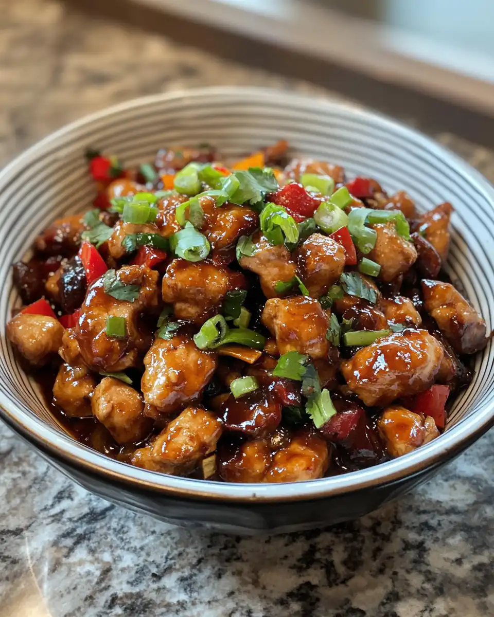 Glistening plated Kung Pao Chicken served with rice
