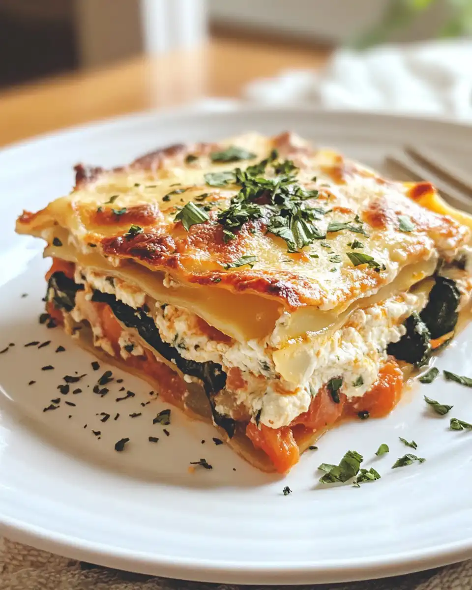 Finished plated vegetable lasagna with layers visible