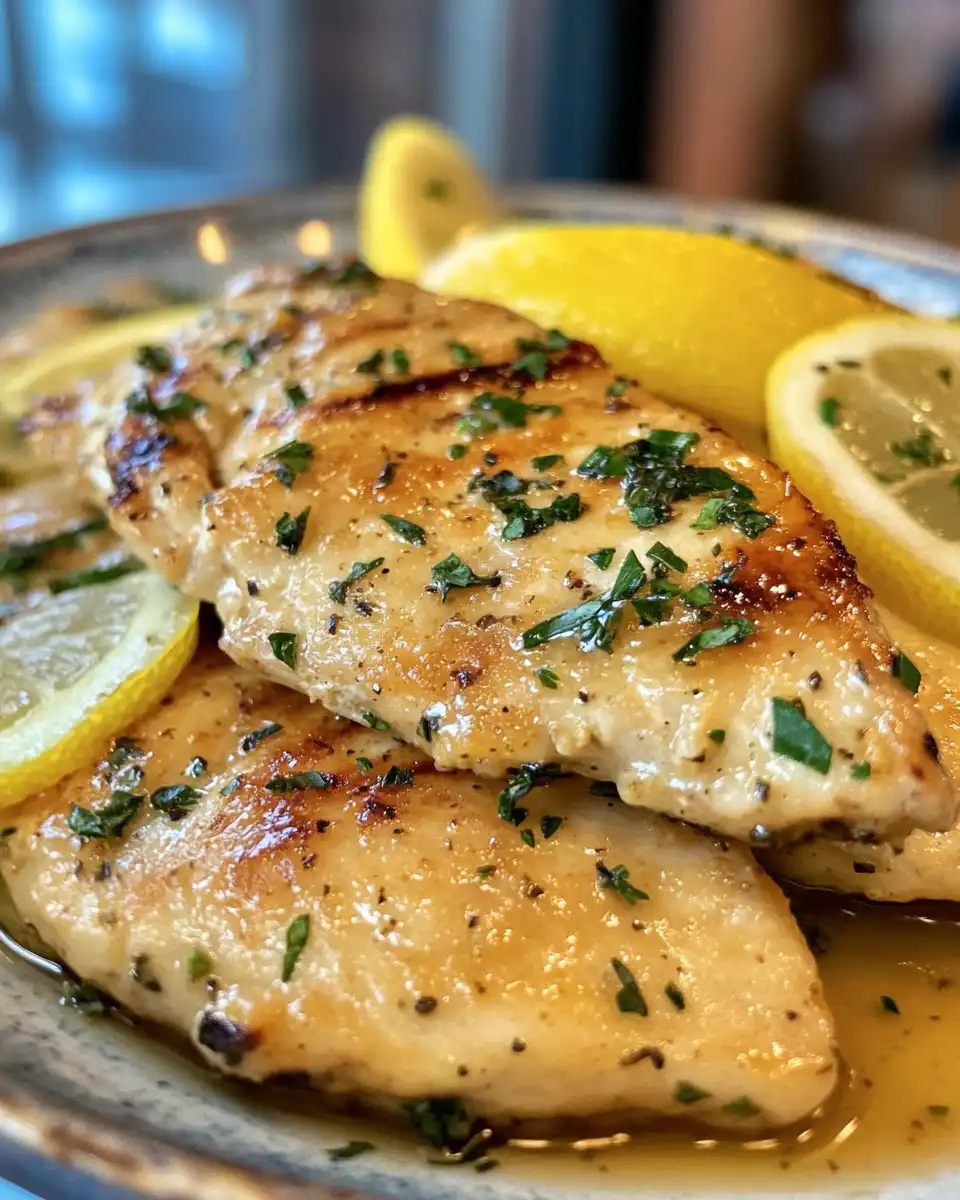 Final plated lemon chicken Romano with melted cheese and lemon wedges