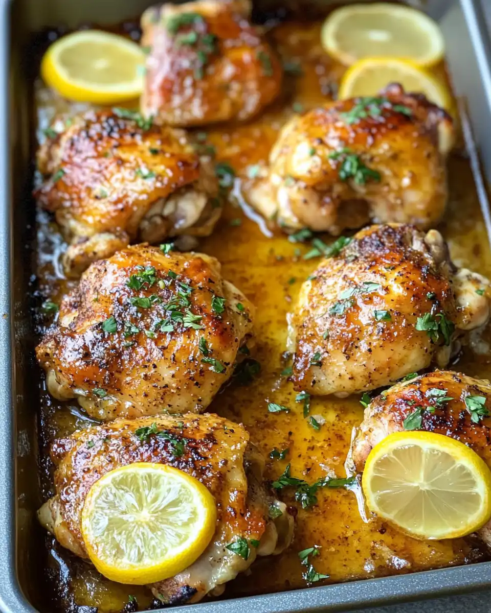 Searing lemon paprika chicken thighs skin side down in hot skillet