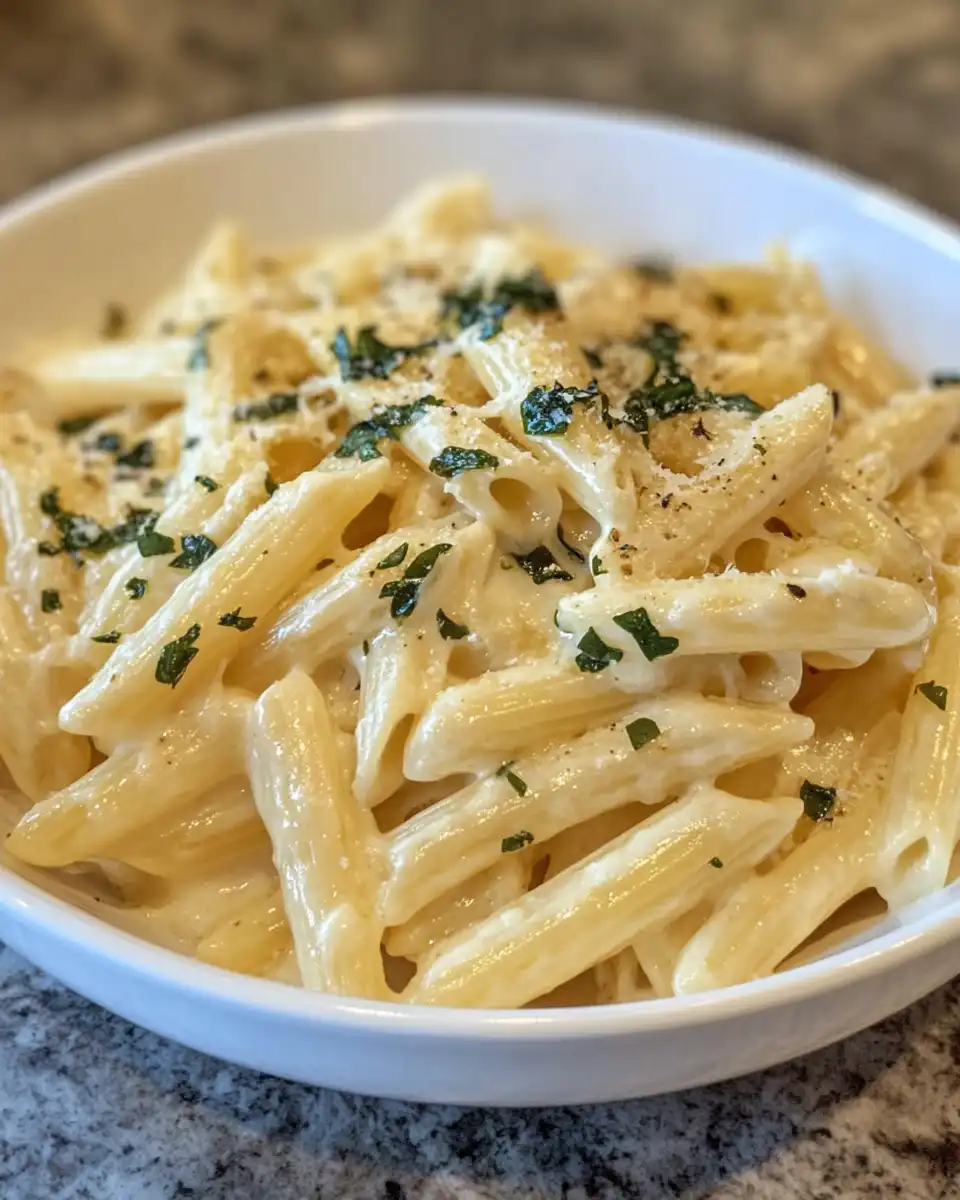Creamy lemon pasta plated and garnished with fresh parsley