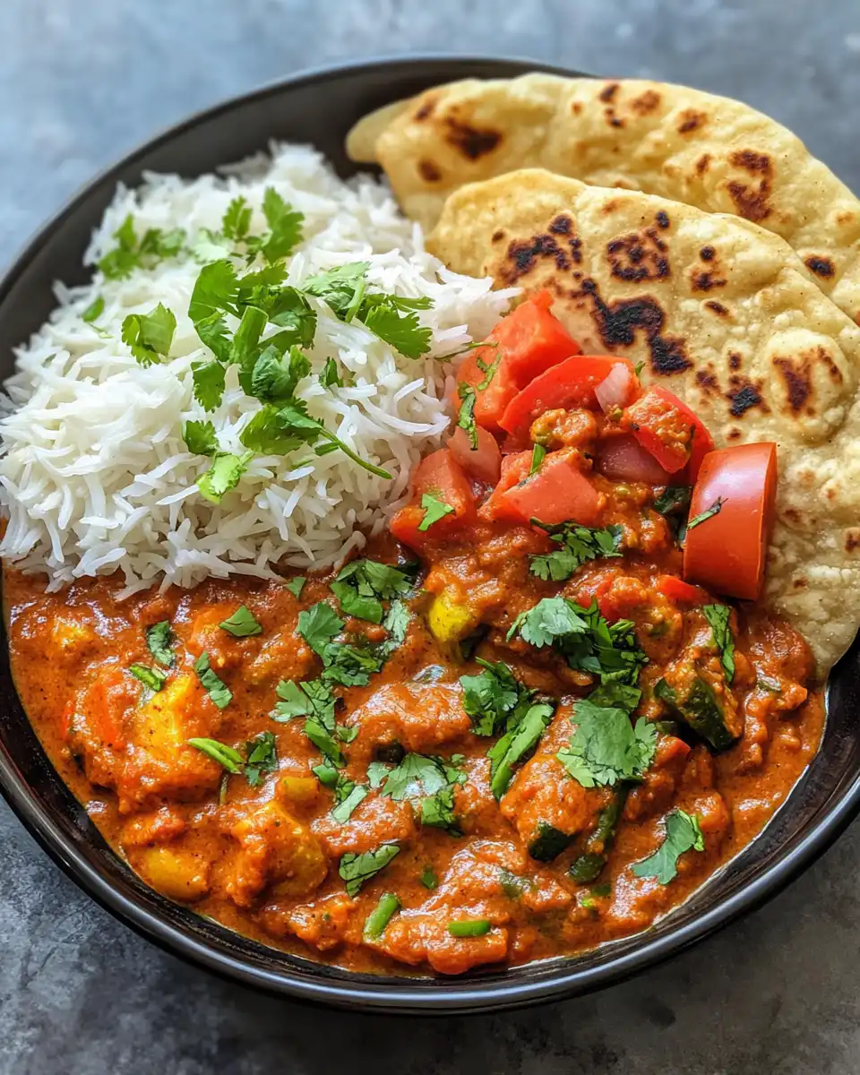 Finished serving of loaded veggie tikka masala garnished with fresh cilantro