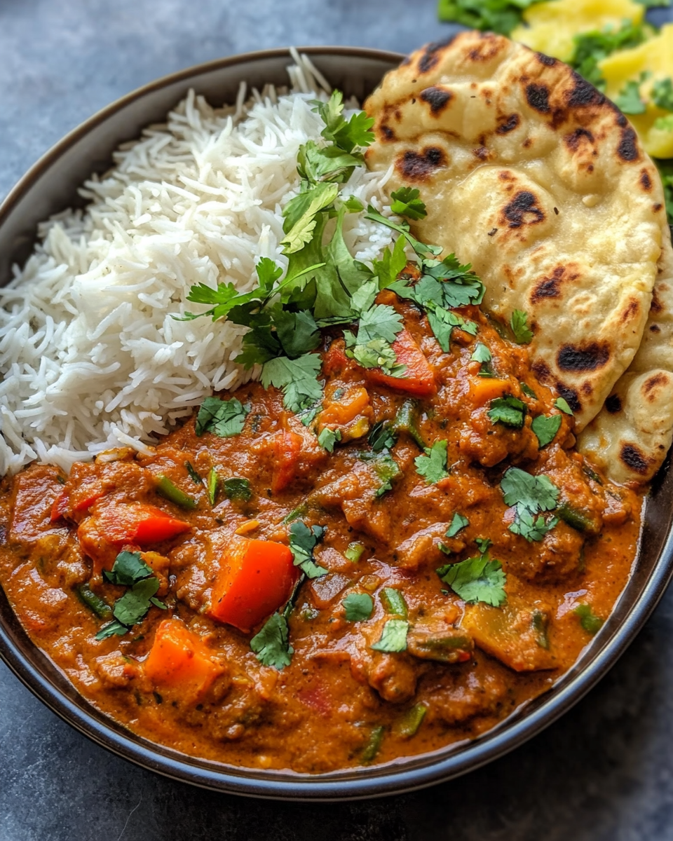 A pot of loaded veggie tikka masala with vibrant colors and steam rising