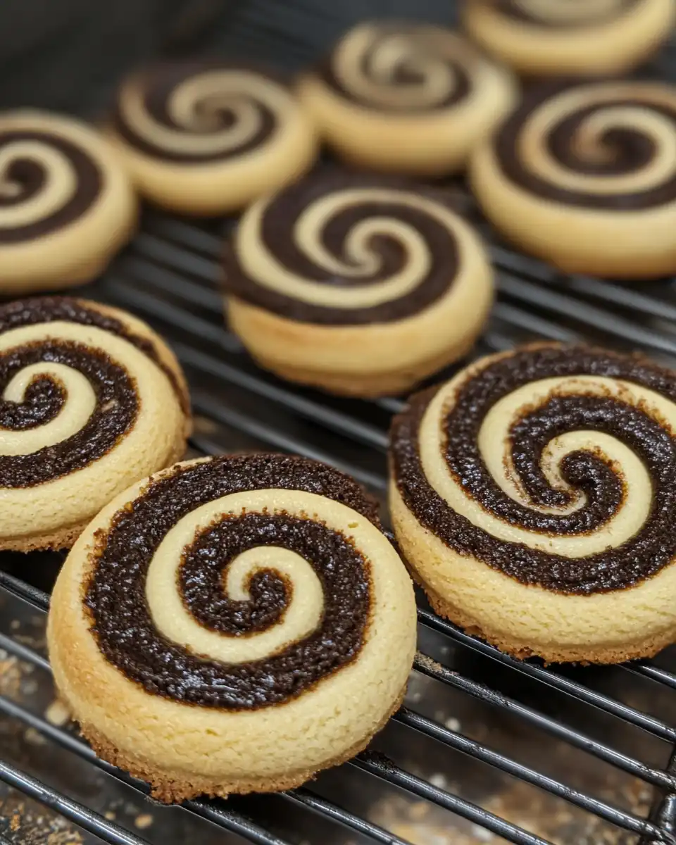 Golden baked date pinwheel cookies cooling on wire rack