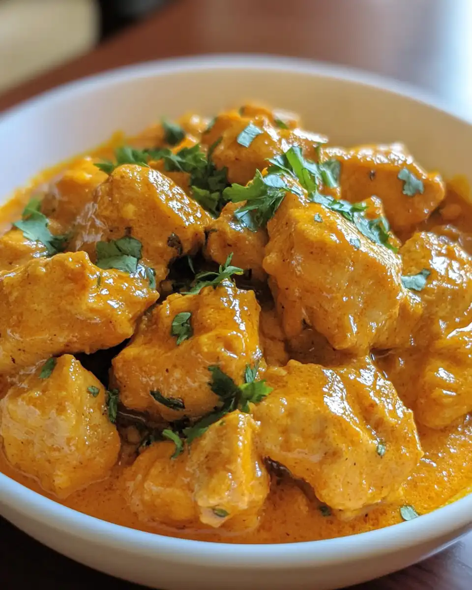 Serving plate of finished mango chicken curry garnished with cilantro