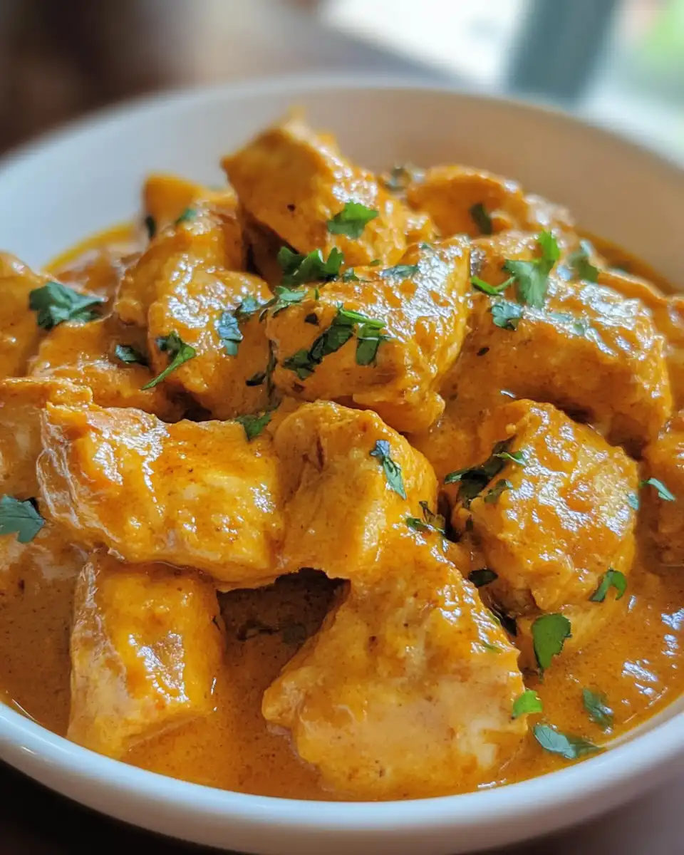 Close-up of mango chicken curry simmering in pressure cooker
