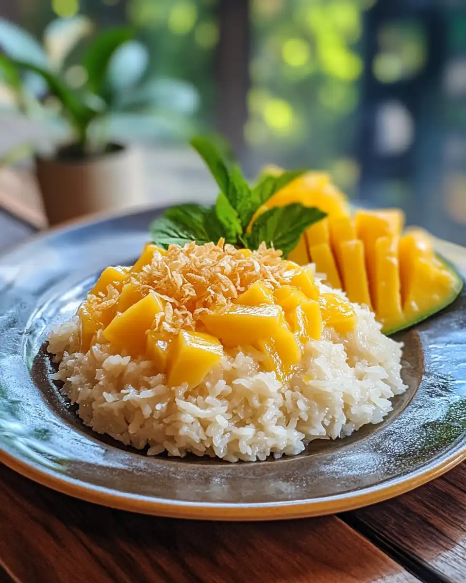 Finished sticky rice with sliced mango and toasted sesame seeds