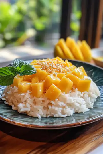 Mango Sticky Rice taken with iphone 15 pro max --iw 2 --ar 4:5 --v 6.1 --raw