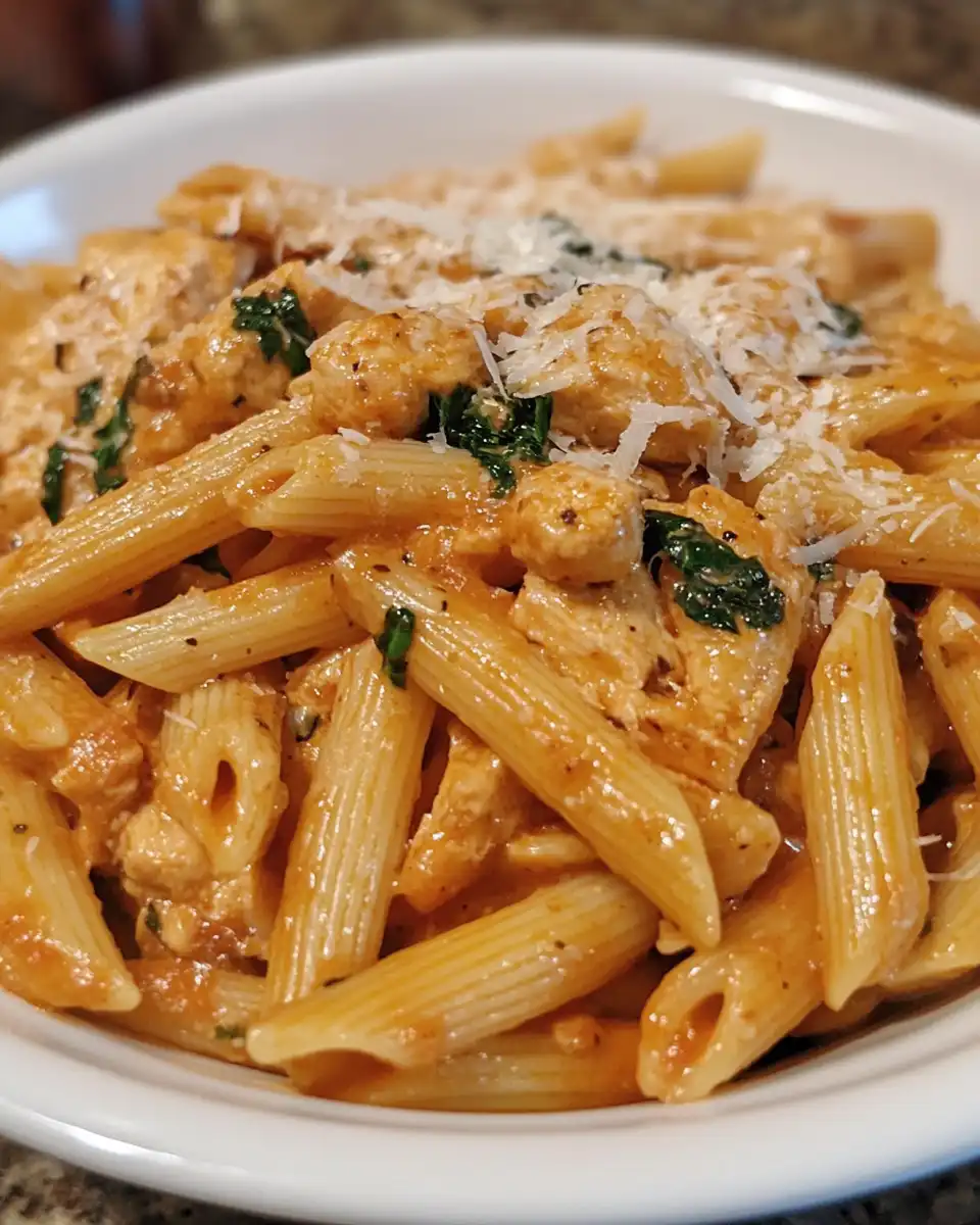 Finished creamy marry me chicken pasta garnished with fresh basil and sun-dried tomatoes