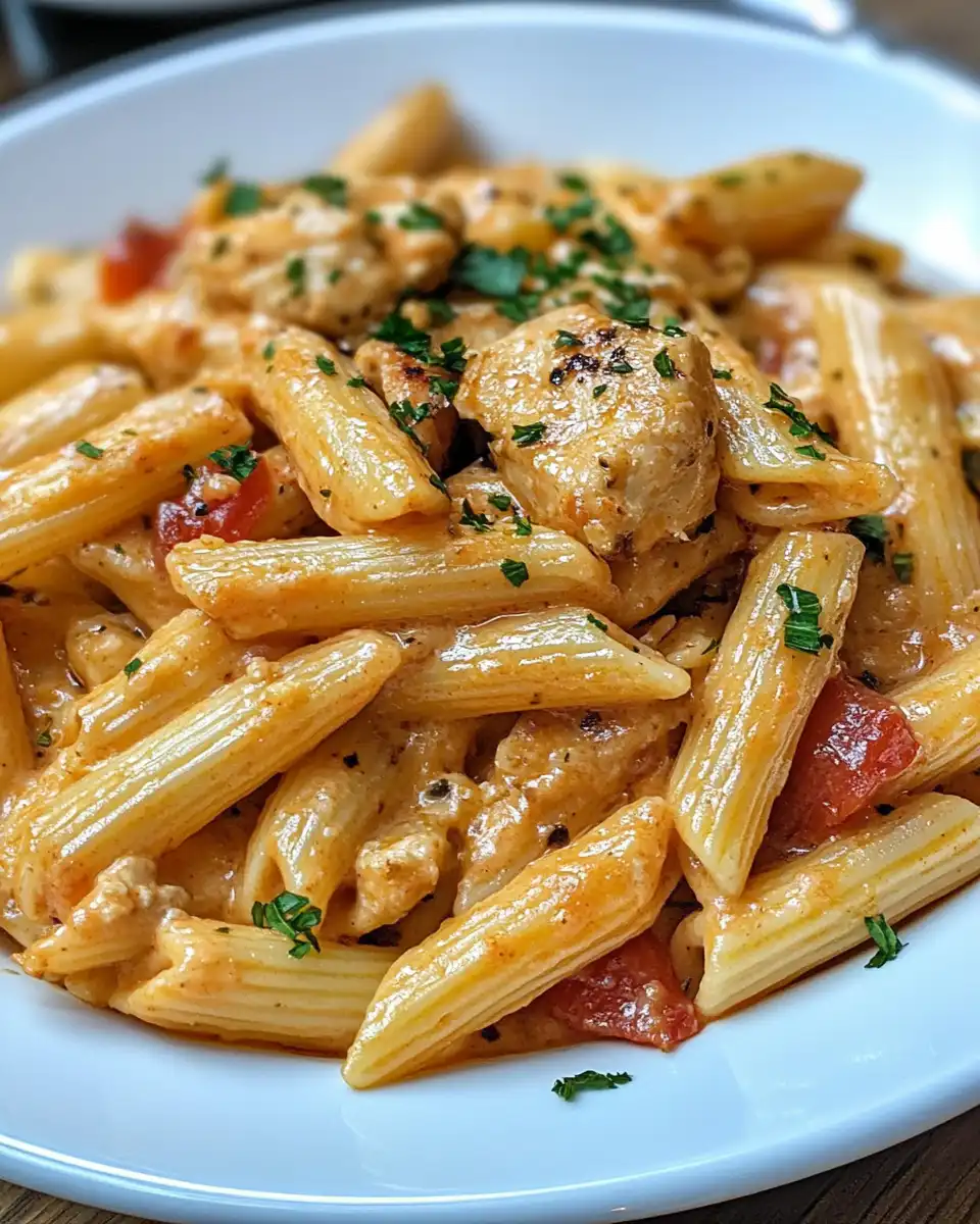 Finished Marry Me Chicken Pasta served on a plate garnished with fresh basil