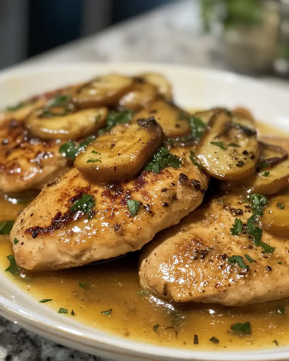Plated marry me chicken garnished with fresh basil and parmesan cheese
