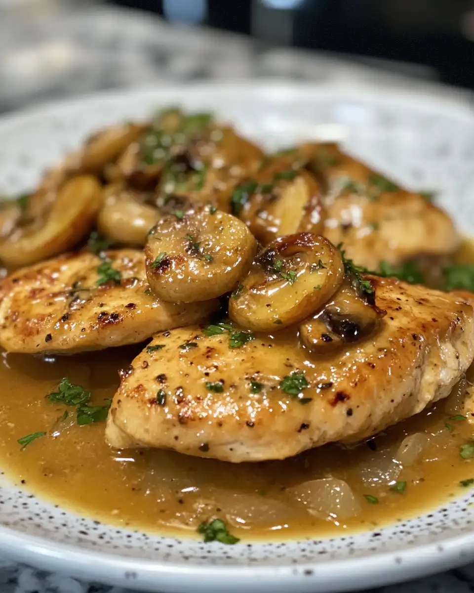Juicy cooked chicken breasts in pressure cooker with garlic and thyme aroma