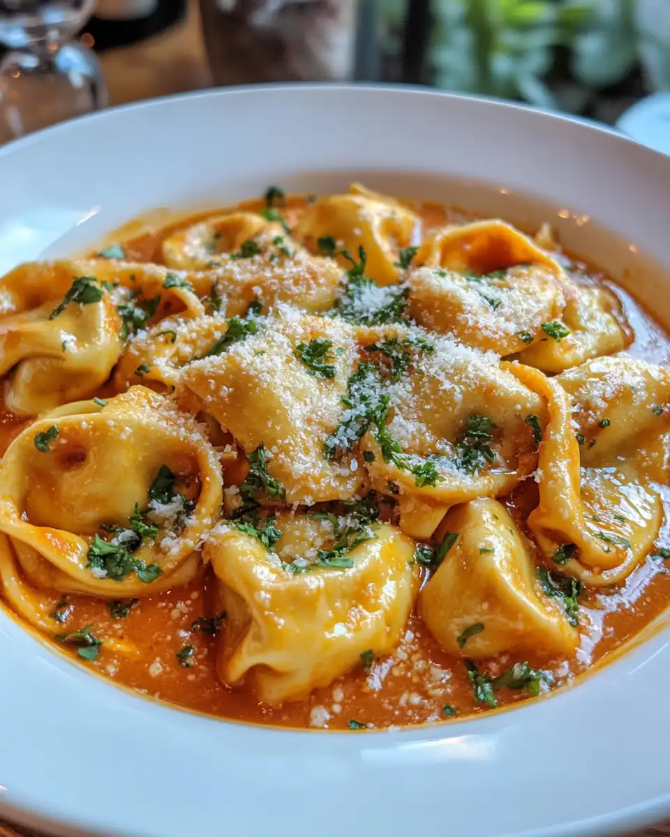 Creamy plated Marry Me Chicken Tortellini ready to serve
