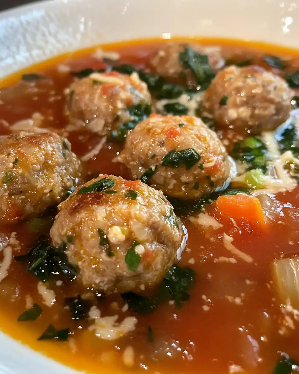 Bowl of finished creamy meatball soup with fresh parsley garnish