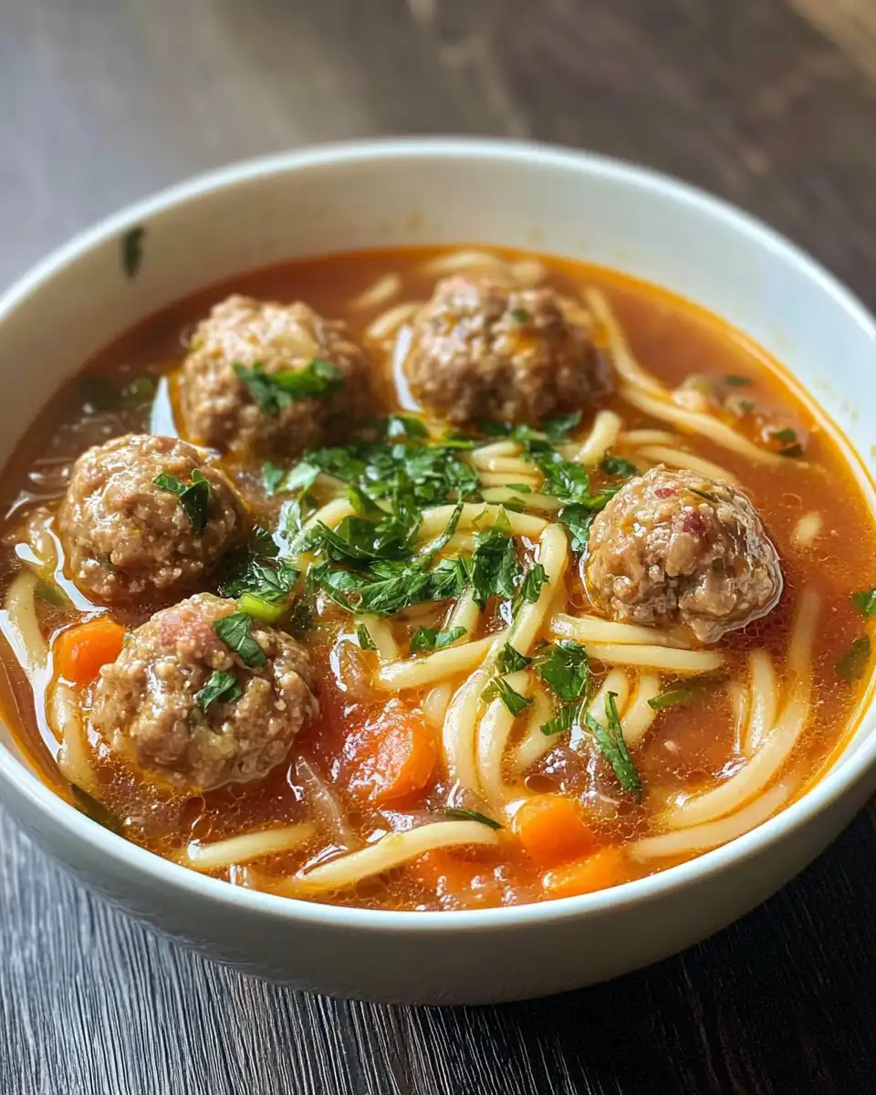 Bowl of meatball soup with ditalini pasta and fresh parsley