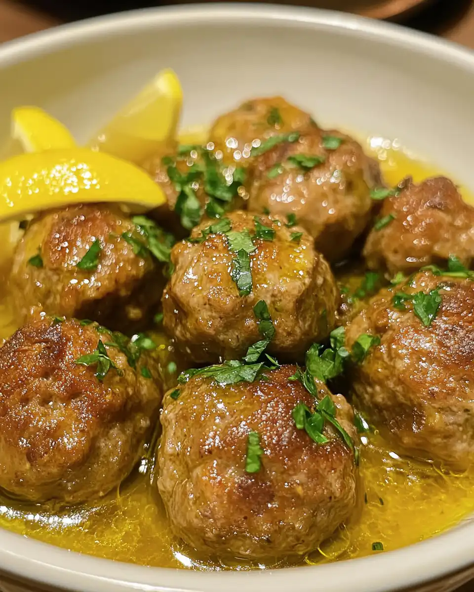 Finished plate of Greek keftedes in lemon sauce