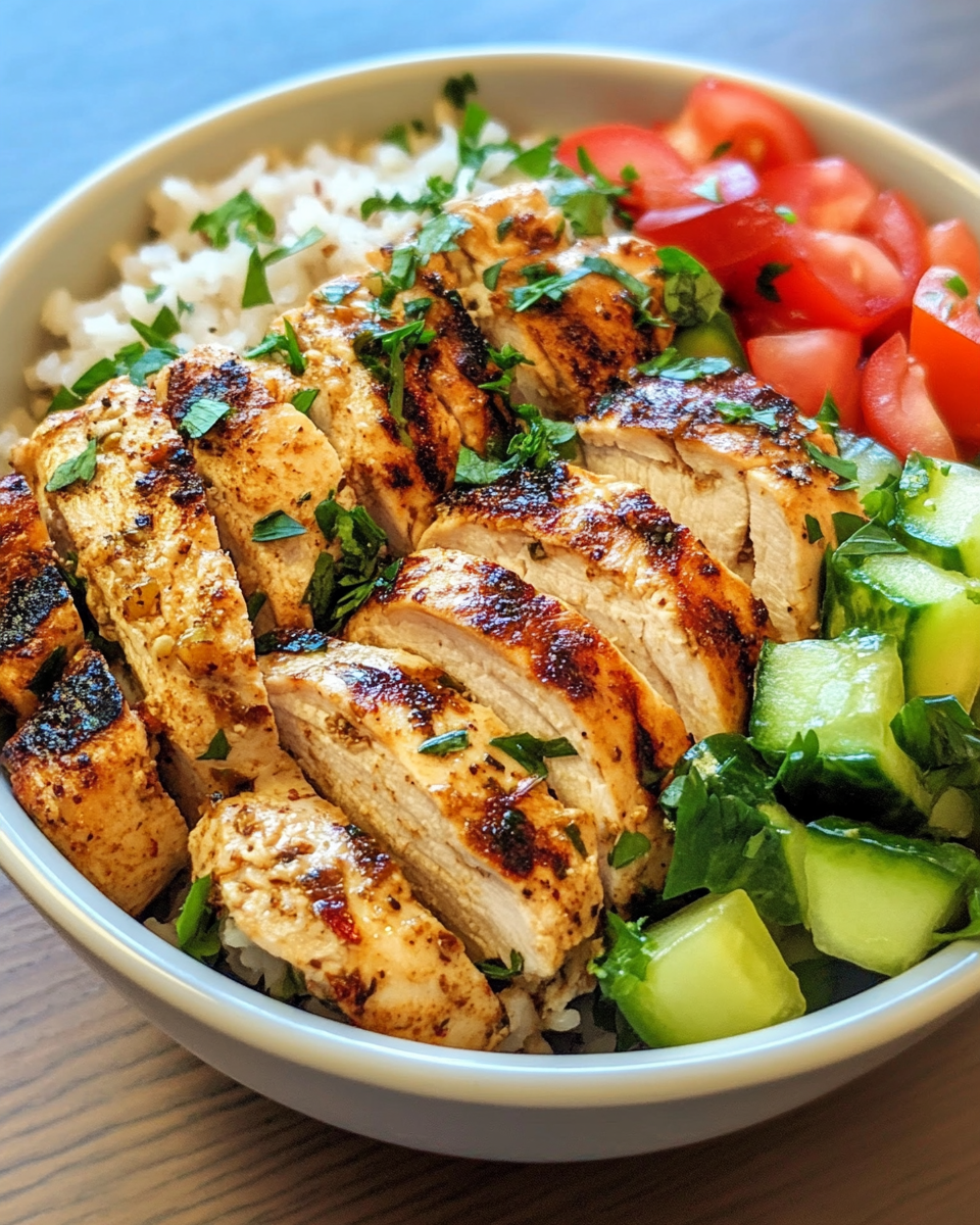 Serving bowl of Mediterranean chicken with fresh veggies and herbs