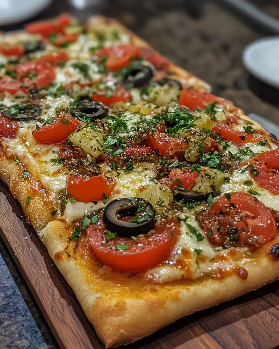 Close-up of Mediterranean flatbread pizza slice with melted cheese and fresh basil