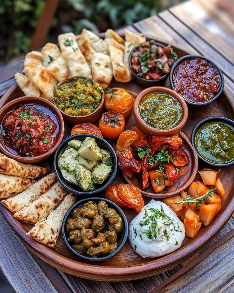 Small bowls of Mediterranean dips arranged on a wooden serving board