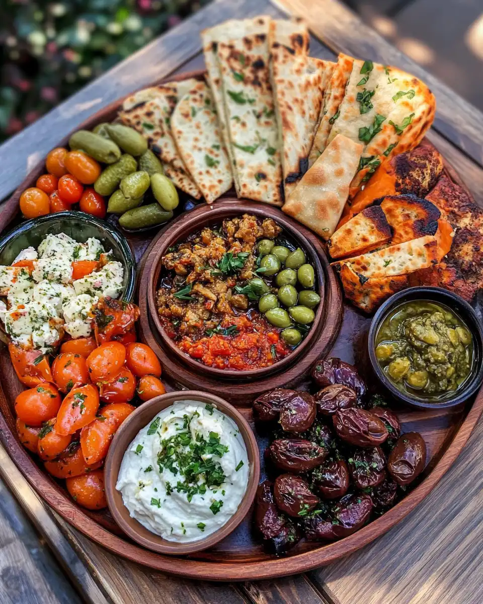 Mediterranean mezze tapas platter with vibrant colors and fresh ingredients on serving board