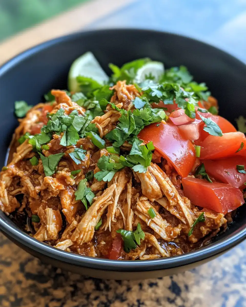Shredded chipotle chicken ready to be served with tortillas or rice