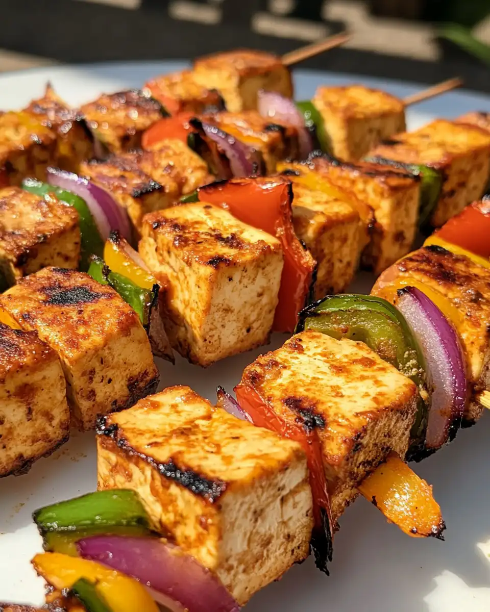 Plated Middle Eastern grilled tofu kebabs served with tahini sauce and salad