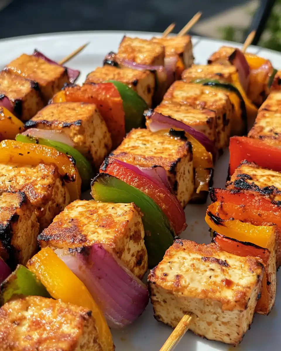 Grilled Middle Eastern tofu kebabs fresh off the grill
