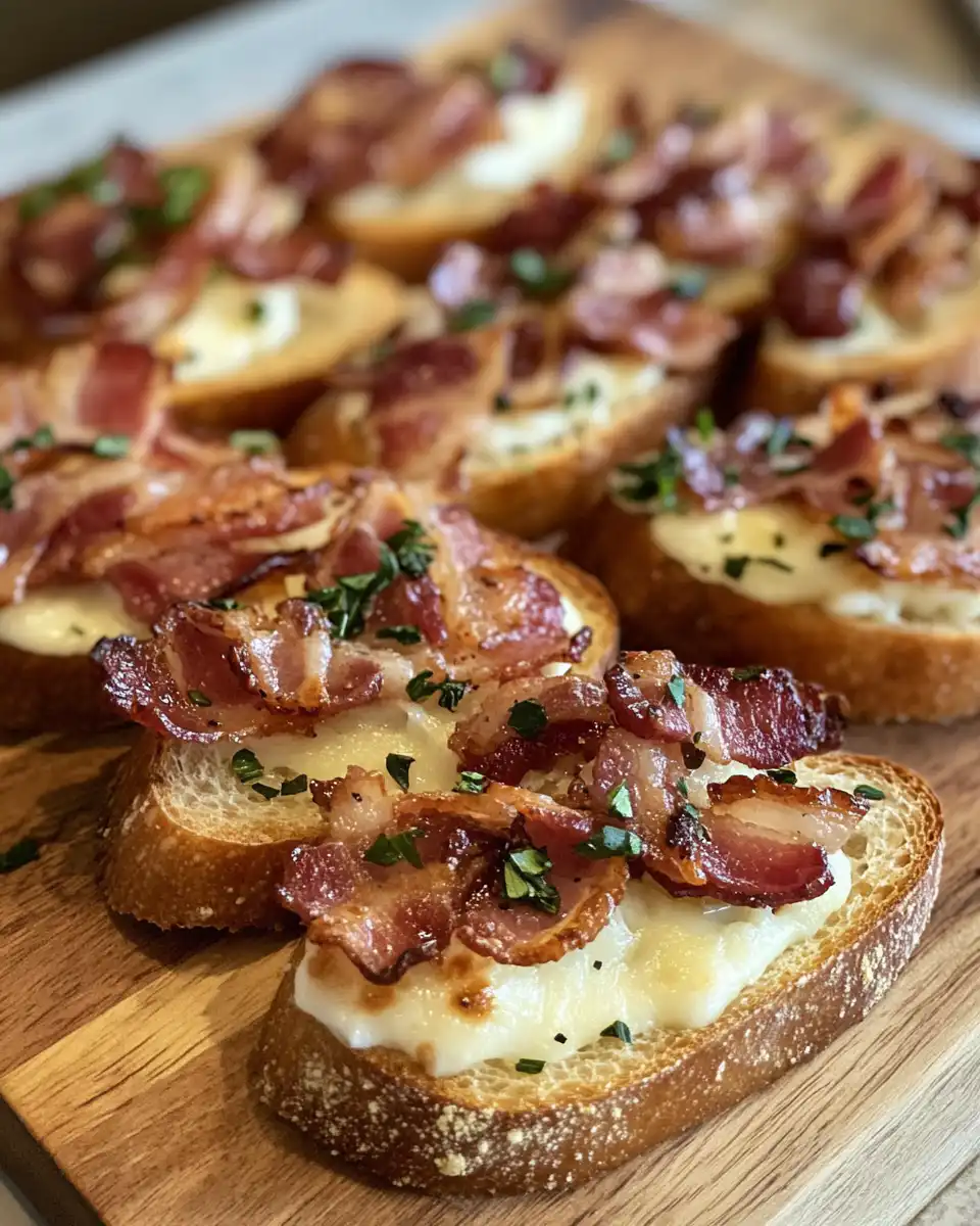 Serving million dollar bacon crostini topped with creamy spinach dip and bacon
